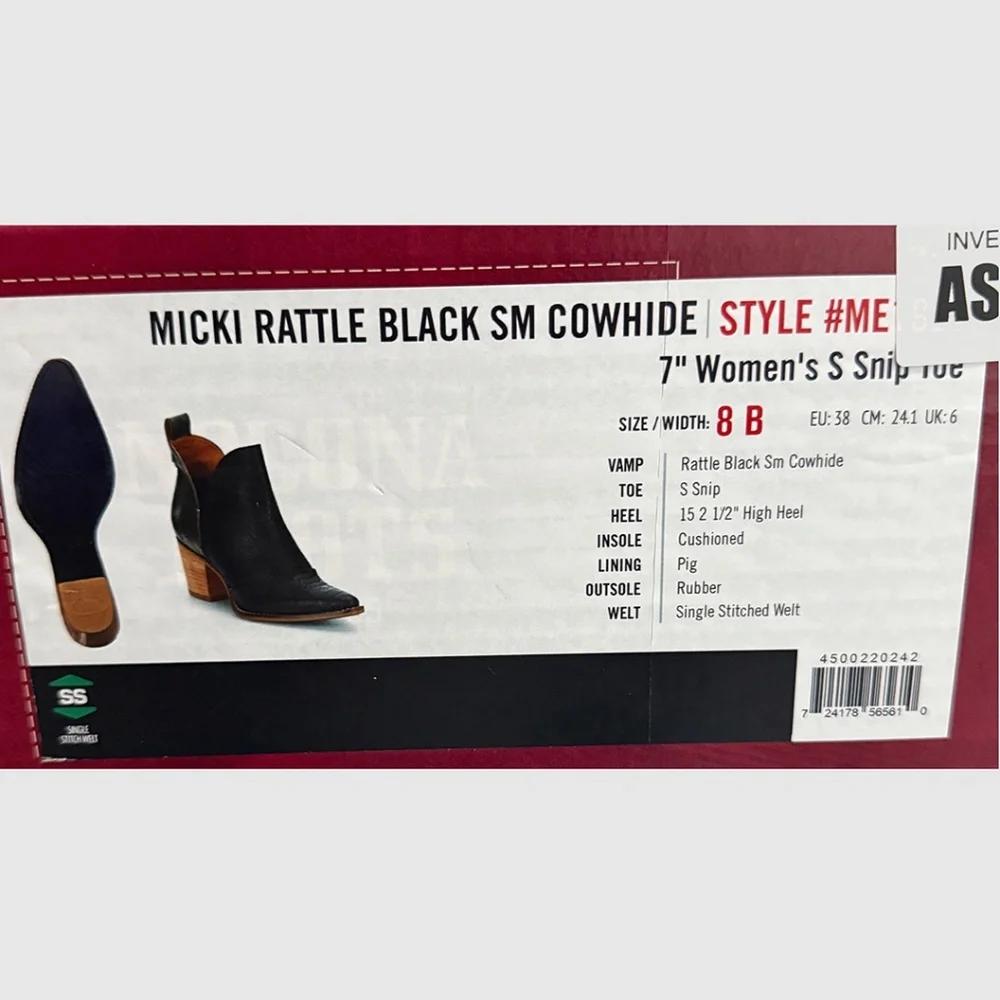 Nocona Micki Rattle Black Cowhide‎ Snip Toe Boots - NEW Womens Size 8 #47957-ZZ3